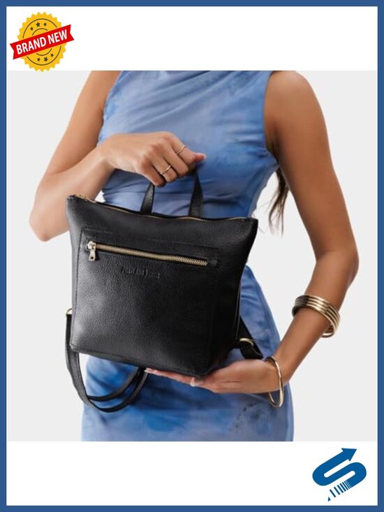 Full-Grain Leather Small Tote Backpack with Zipper Closure and Exterior Pocket